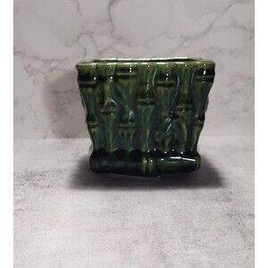 Vintage Bamboo 3D Planter Vase Bowl Green MCM Glazzed Decor Footed Square